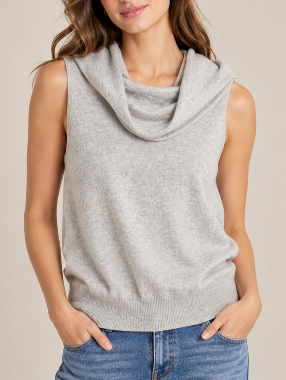 Saks 5th Ave Wool Cashmere Blend Heather Cowl Neck Sweater Tank Small Old Money
